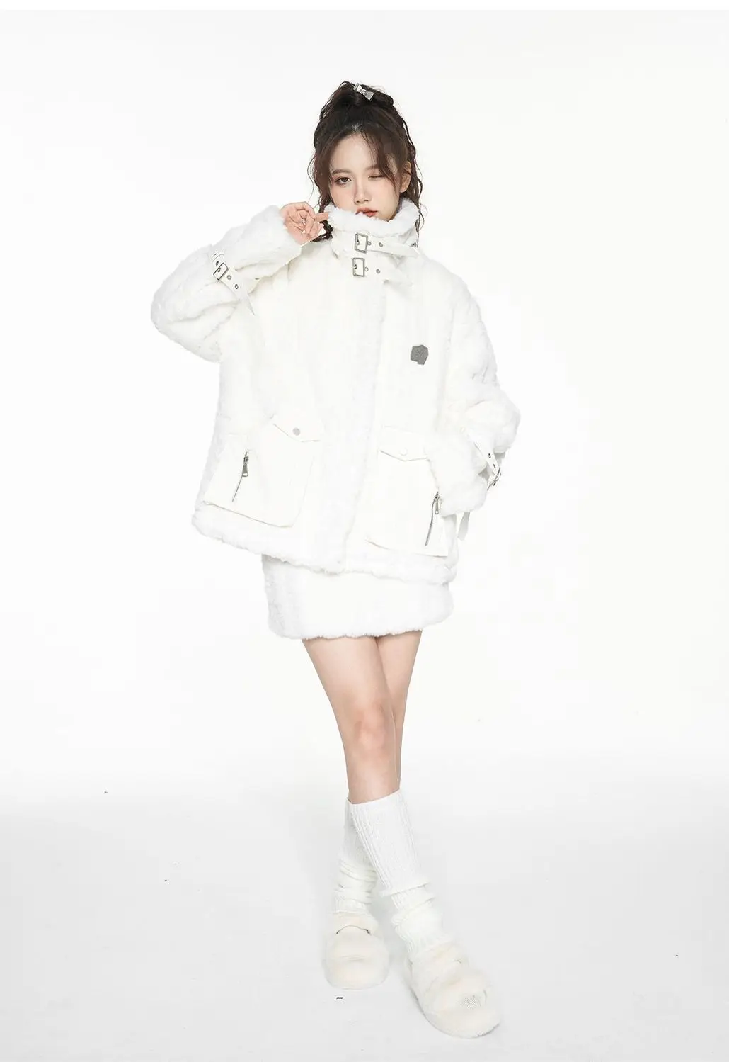 Casacos de pelúcia inverno monocromático menina lambswool, engrossar quente jaqueta, casaco elegante com zíper, streetwear, estilo Mori