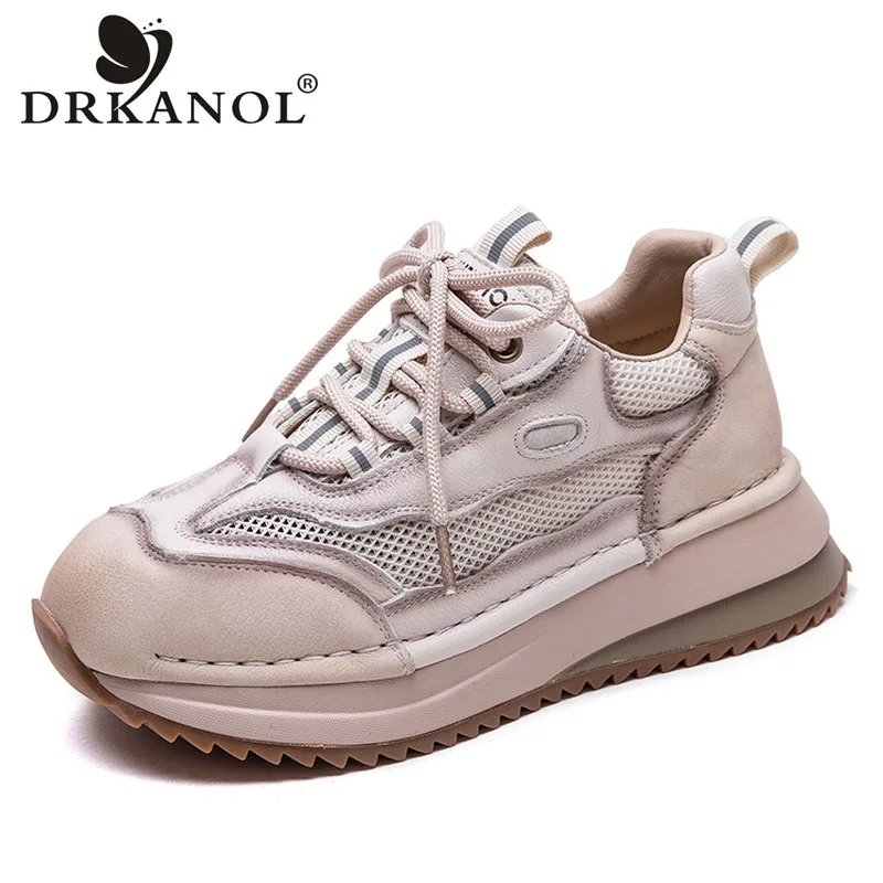 

DRKANOL Women Casual Shoes Summer Genuine Leather Mixed Colors Thick Sole Platform Height Increasing Breathable Mesh Sneakers