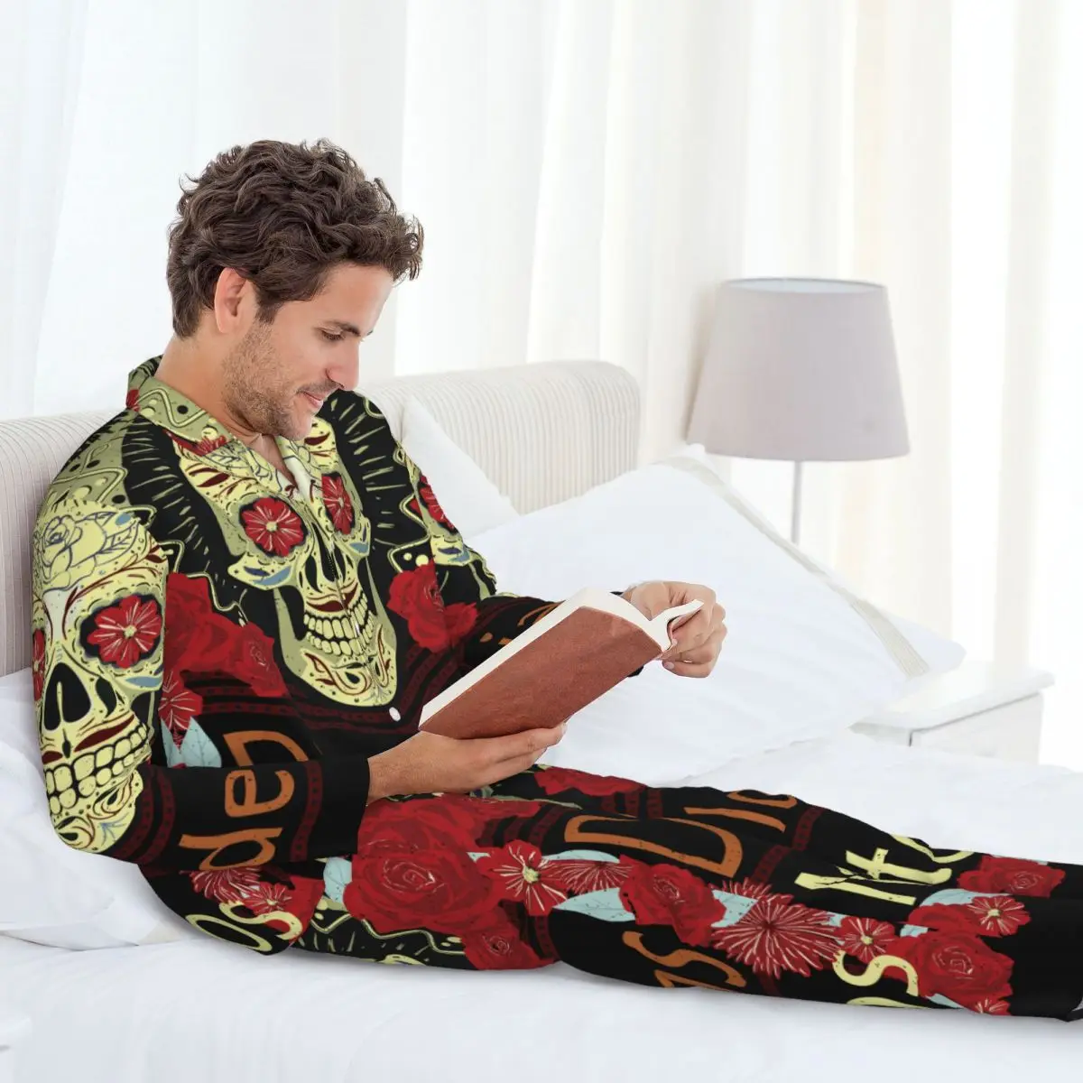 Conjunto de pijamas para hombre de Otoño Invierno de manga larga Día de los muertos calavera de azúcar ropa de casa ropa de dormir 2 unids/set