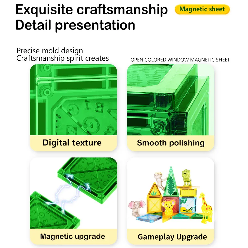 บล็อกตัวต่อชิ้นแม่เหล็กสําหรับเด็กการศึกษาในช่วงต้นของเล่นแม่เหล็กสัตว์ที่แตกต่างกันด้วยหน้าต่างสีแม่เหล็กที่แข็งแกร่ง DIY