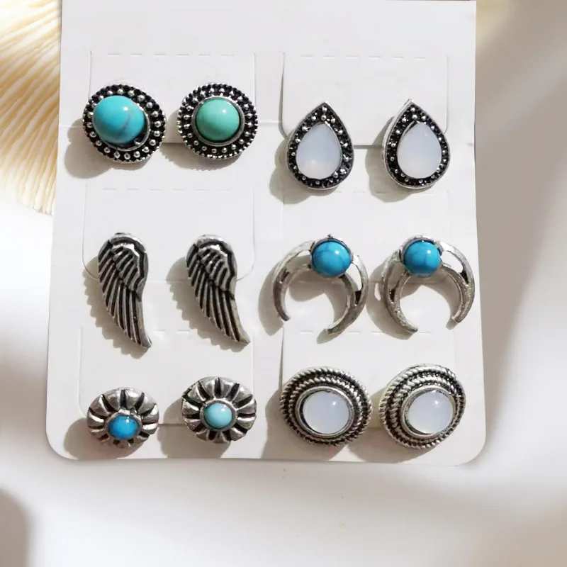 Cross-border e-commerce earrings, European and American retro turquoise crown crescent wings retro stud earrings, earrings manuf
