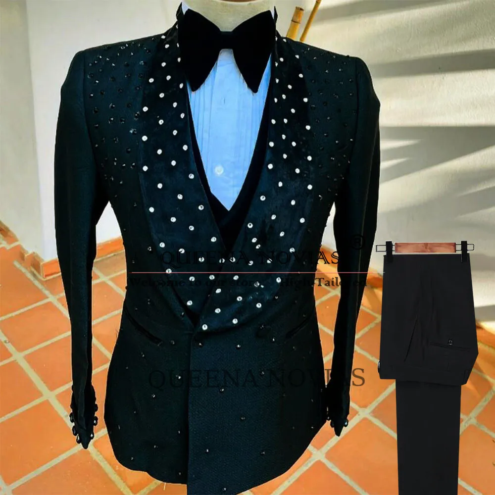 Luxury Sparkly Beaded Stones Suit Men Formal Wedding Party Slim Fit 3 Pieces Groom Tuxedos Customized traje de hombre elegante