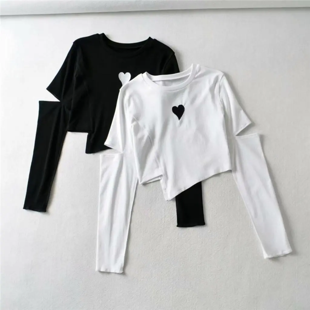 

YPFF Women's round Neck T-shirt Love Embroidery Irregular Long Sleeve Cut-off Top Tight Fit Short Style