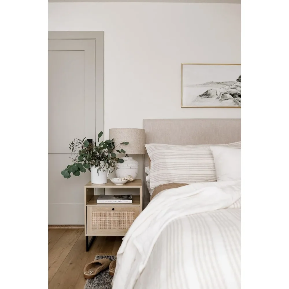 Rattan Wood End Side Accent Table Nightstand with Storage