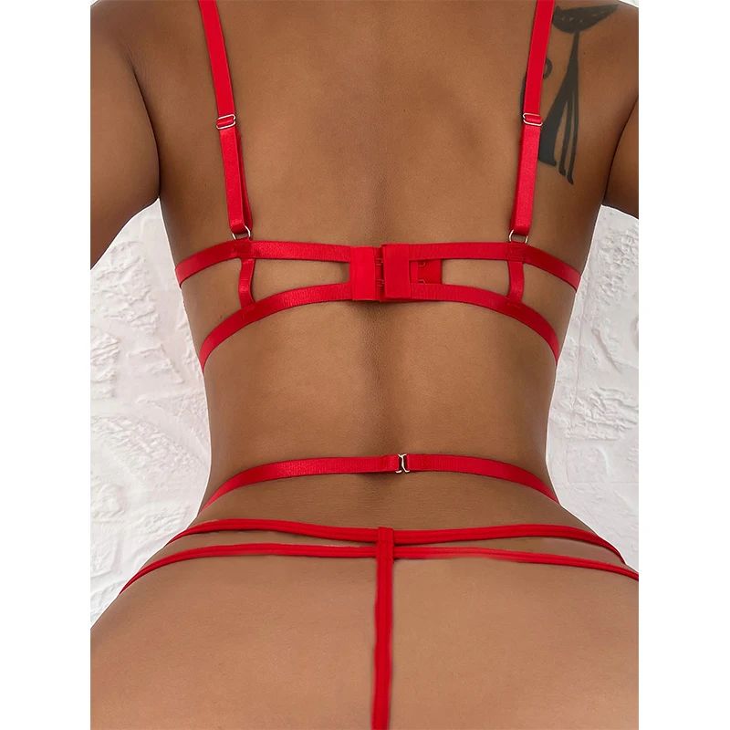 Conjunto de lencería Sexy con sujetador Halter para mujer, ropa interior de retazos de encaje de malla sólida abierta con liguero, disfraces