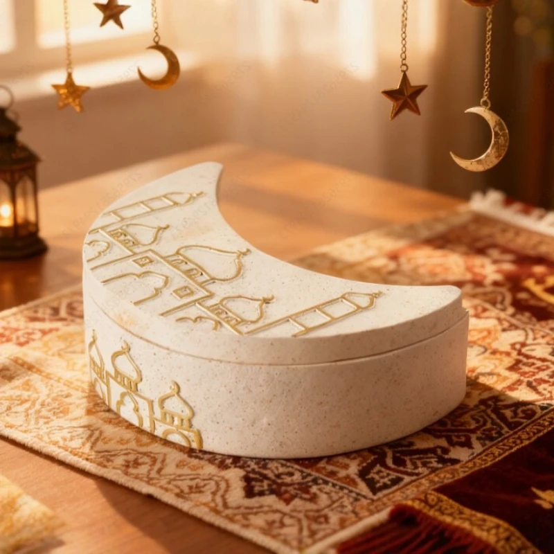 Resin Crescent Moon Storage Box Islamic Ramadan Eid Mubarak Home Decor, Arabic Desktop Tray Holiday Jewelry Trinket Organizer