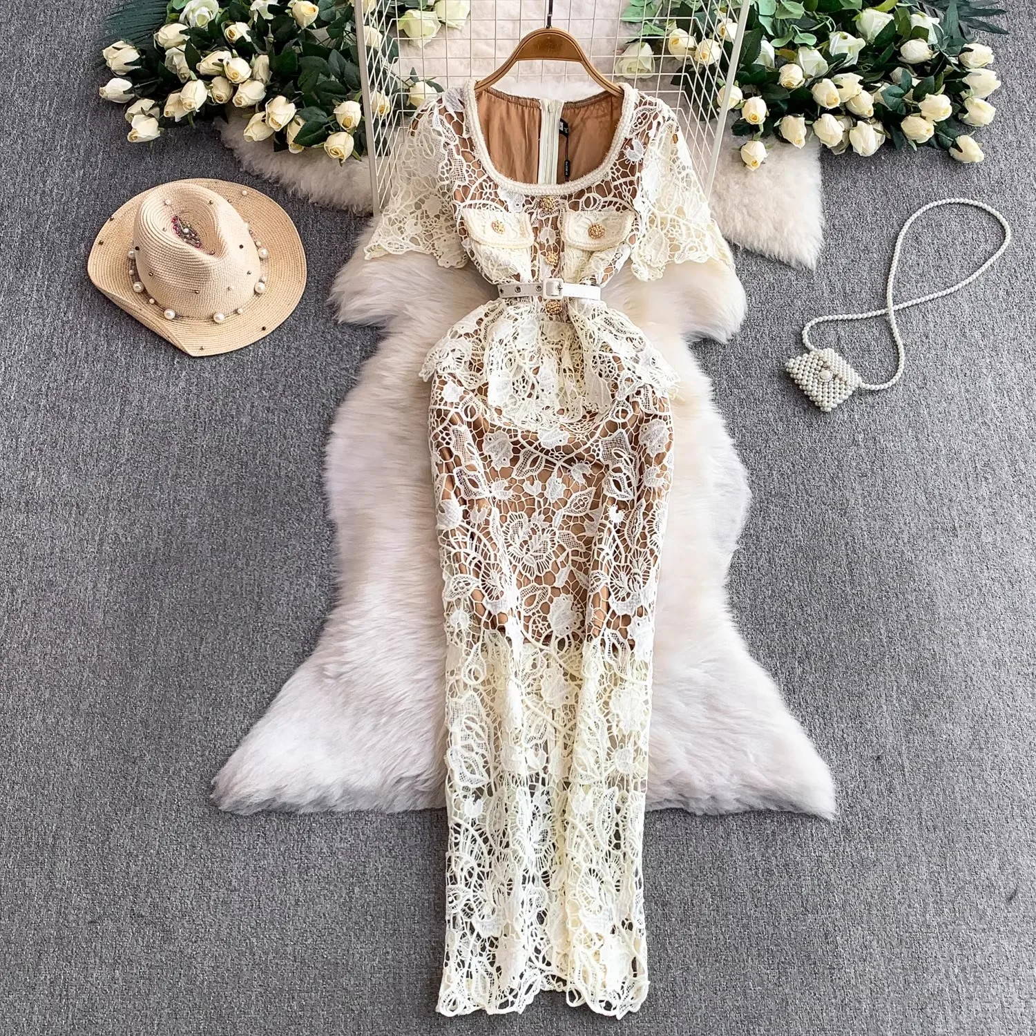 

Длинное кружевное платье для выпускного вечера, женские летние платья 2025 года, однобортное однобортное платье с короткими рукавами и пуговицами из бисера, вечернее платье миди