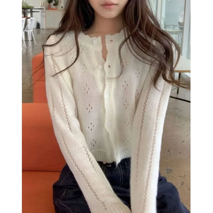 

Spring 2026 Chic Hollow out ort Knitted Cardigan Women's Early Morning Commute Versatile Thin Sun Protection Top Trendy