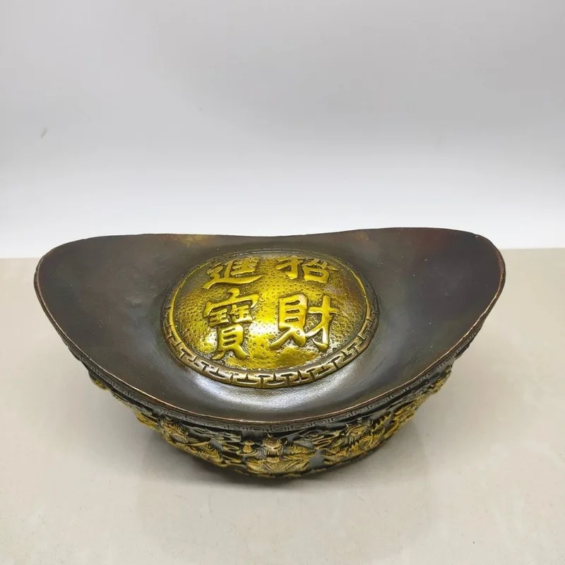 Large five-sided gold ingot copper ingot ornament, brass double dragon ingot, home living room decoration, opening gift