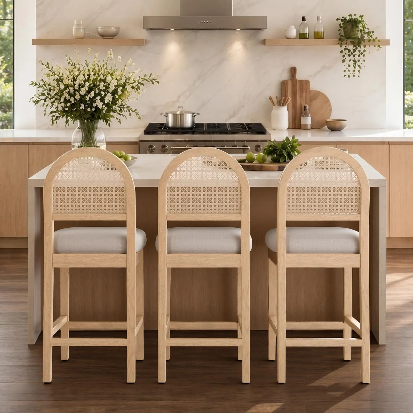 Farmhouse Rattan Counter Height Bar Stools Set of 3, Chenille Upholstered Barstools with Solid Wood Frame & Legs, Chic Kitchen