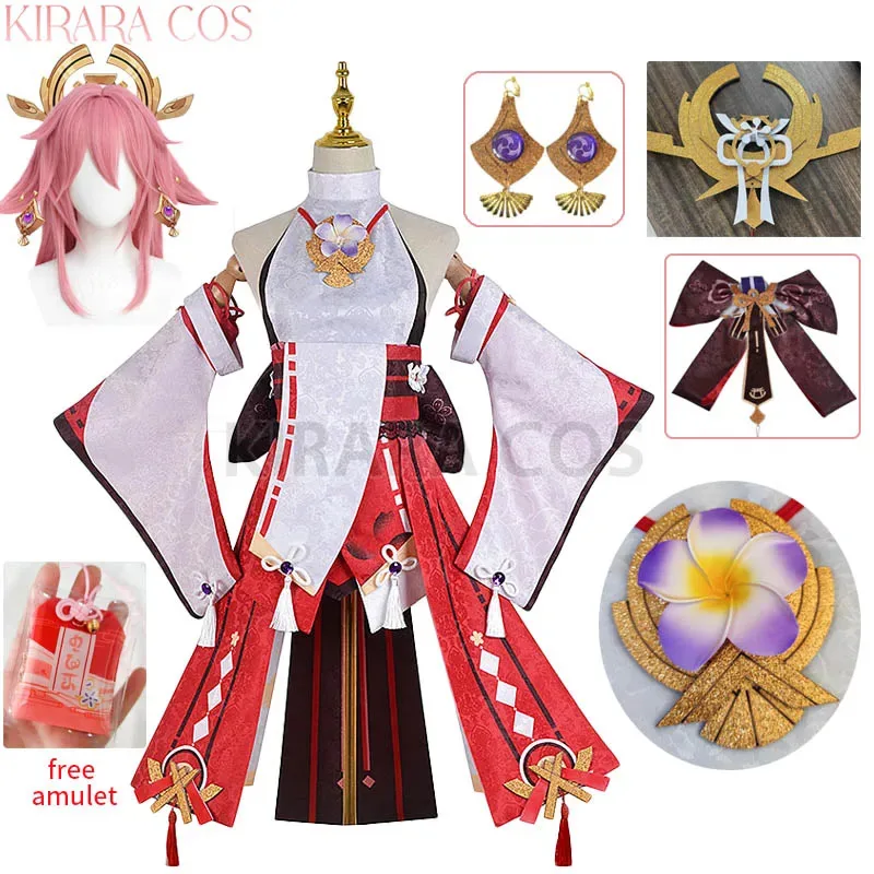

Genshin Impact Yae Miko Косплей Костюм Платье Парик с Серьгами Полный комплект Genshin Косплей