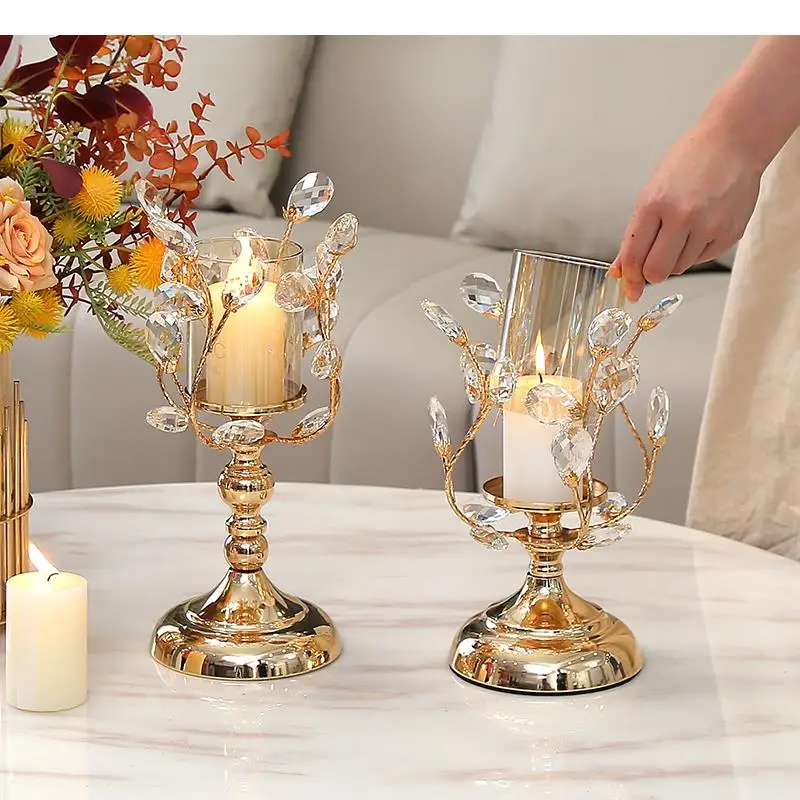 

Glass Metal Candle Holder Golden Petal Crystal Tree Shape Desktop Crafts Ornaments Wedding Accessories Home Decoration