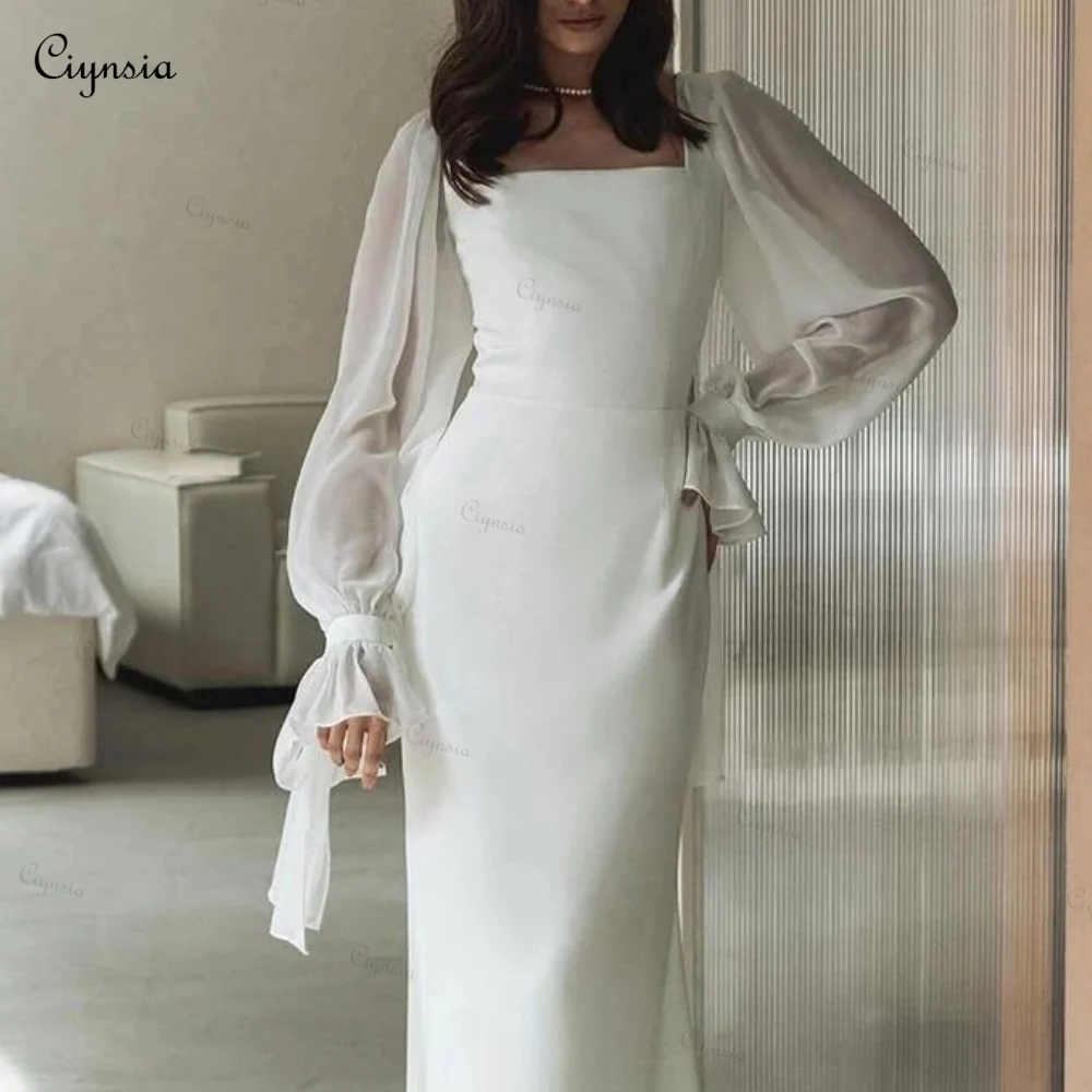 Ciynsia Elegant Sheath Ivory Bridal Gowns Robe De Soirée De Mariage Long Sleeves Simple White Elegant Modest Wedding Dress New