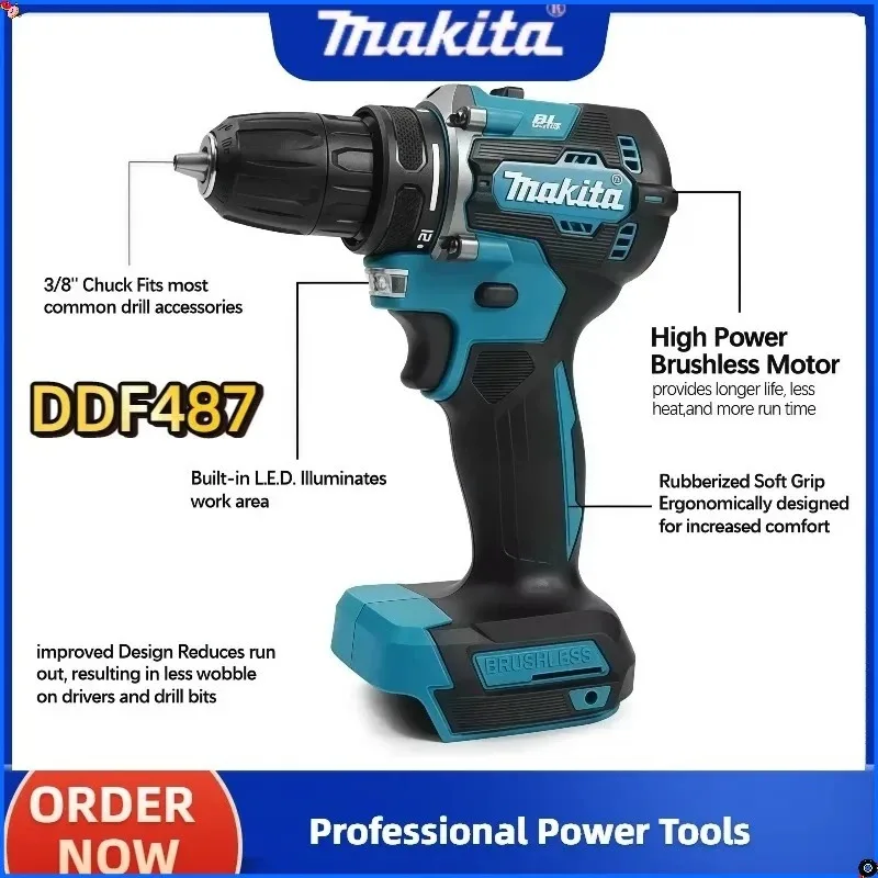 Destornillador eléctrico Makita DDF487 sin escobillas, taladro eléctrico inalámbrico de mano, taladro percutor para batería de 18V/20V