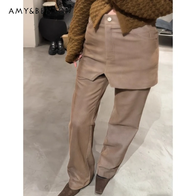 

American Retro Corduroy Brown Women's Skirt Pants 2025 Winter New Loose Splicing Design Versatile Straight-Leg Trousers Ladies