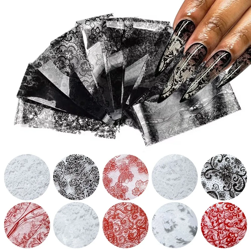

Lace Design Nail Foils Stripe Pattern Black White Nail Art Stickers Sequin Effect Leopard Print Transfer Paper Manicure DIY