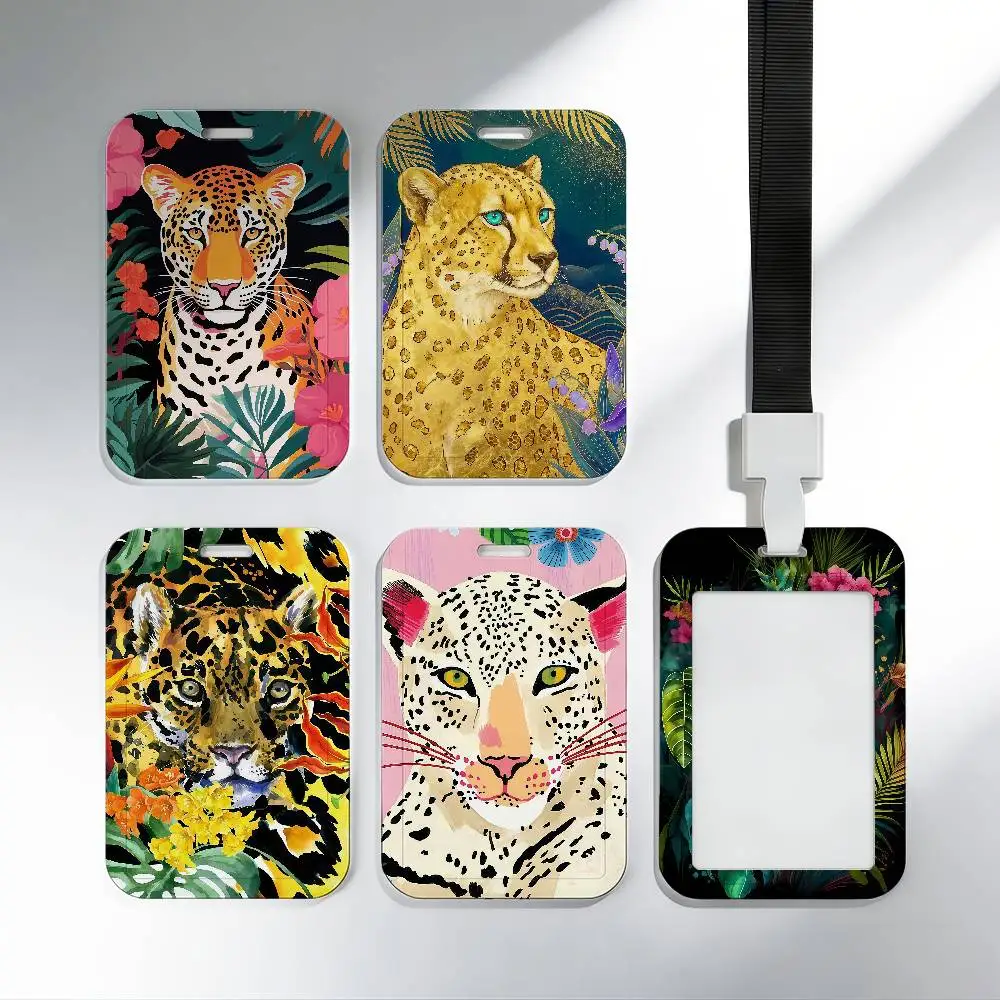 fashion Retro floral leopard tropical plant Badge Holder ID Card Credit Cards Protector with Clear Window for Gift Office School