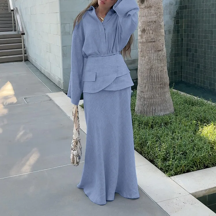 Fashion Loose Blue 3 Piece Set Women 2026 Elegant Long Sleeve Shirt + Girdle With High Waist Maxi Skirt Set Female Clothing