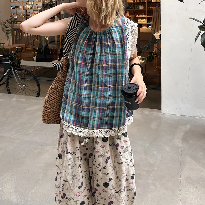 

Новая женская винтажная льняная жилетка в клетку с кружевной отделкой в стиле Forest System, оверсайз, дышащая, комфортная, весна-лето