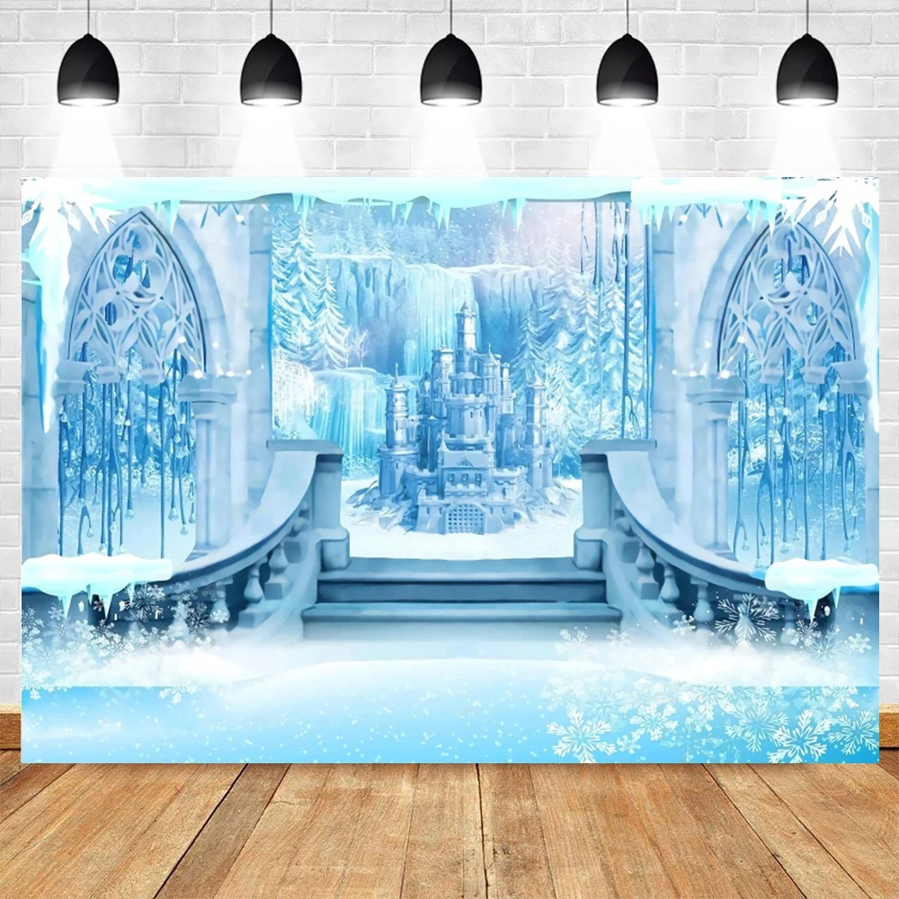 Snow Castle Backdrop Snowflake Ice Pine Trees Forest  Winter Princess Birthday Party Kids Portrait Photorgaphy Background Decor