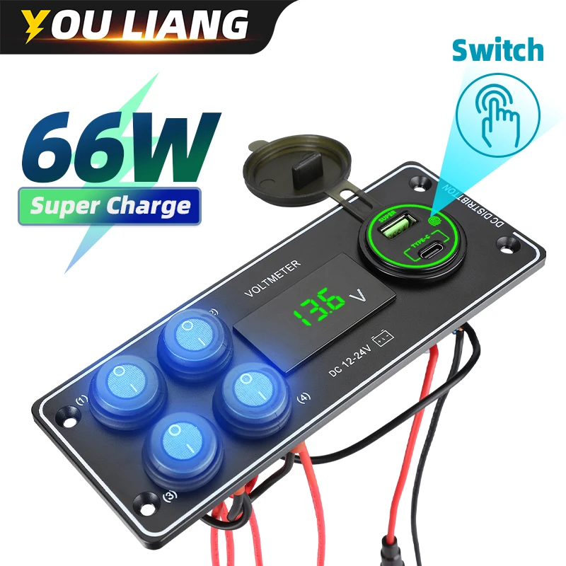 66W USB Charger Pd & QC Touch Switch Digital Volmeter 4 Gang Rocker Switch Panel On/Off Waterproof 12V Cars Trucks Boats Marine