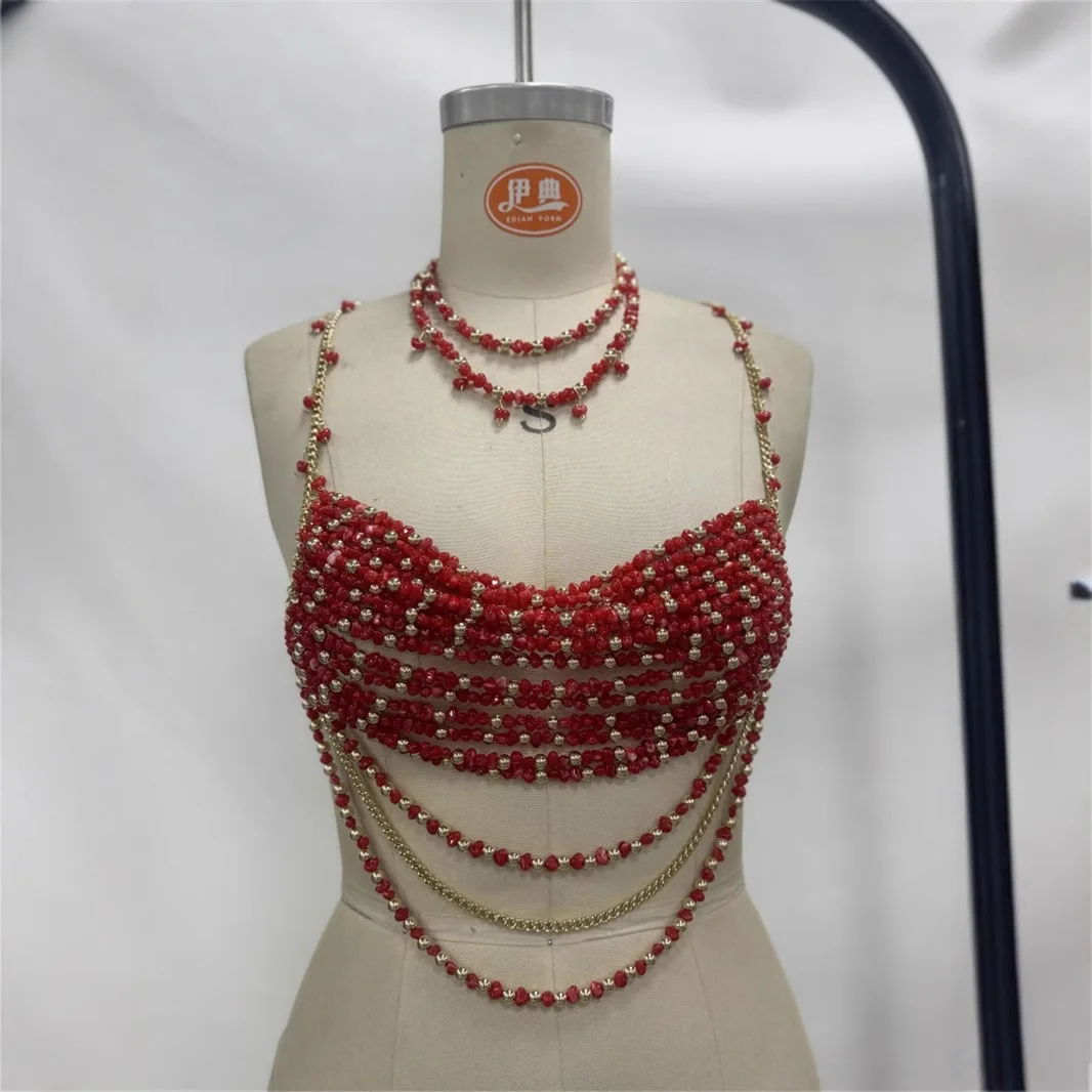 Catena per il corpo con perline di cristallo al collo appeso Y2k Hot Girl Capispalla con diamanti scintillanti Gilet versatile traforato per le vacanze estive per le donne