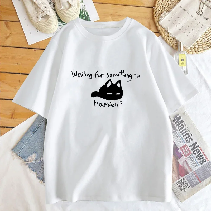 Waiting for Something To Happen Omori Cat Print Women T-shirt Shirt Harajuku Short Sleeve O-neck T-shirt Tee Tops Clothing