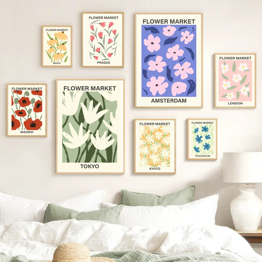 1pc frameless Canvas Painting (No frame)Flower Market Wall Art City Floral Canvas Prints Minimalist Botanical Posters Boho Paste