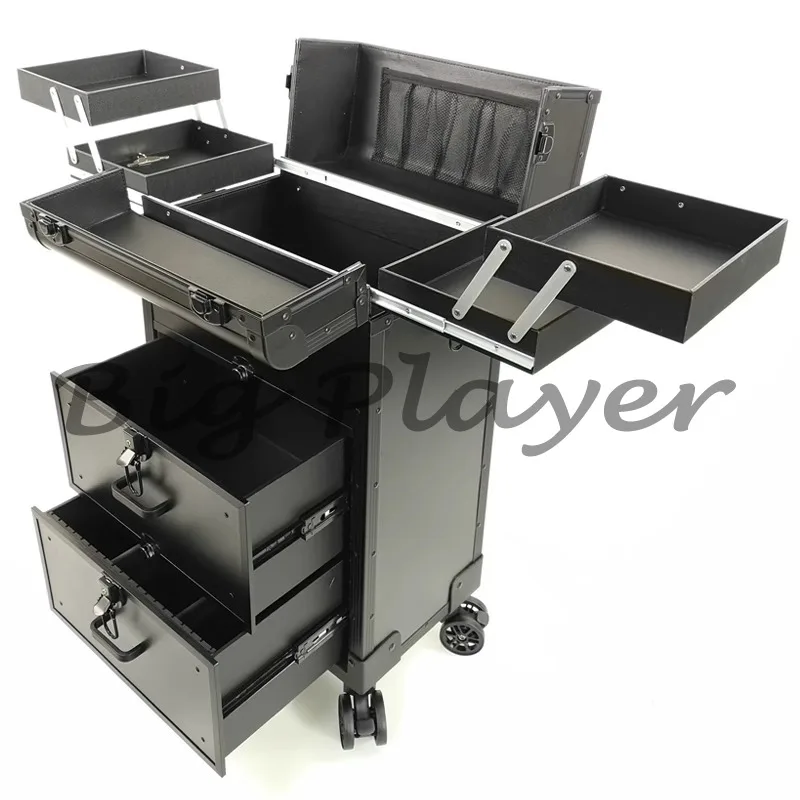 

Aluminum Alloy Large Trolley Cosmetic Case, Manicure Hair Pattern Embroidery Storage Toolbox