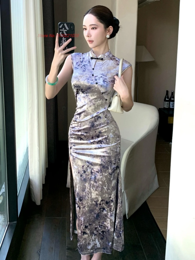 

Китайское улучшенное сексуальное платье Ципао Cheongsam 2021, бархатное Ципао с национальным цветочным принтом, традиционное вечернее платье Ципао для ночного клуба
