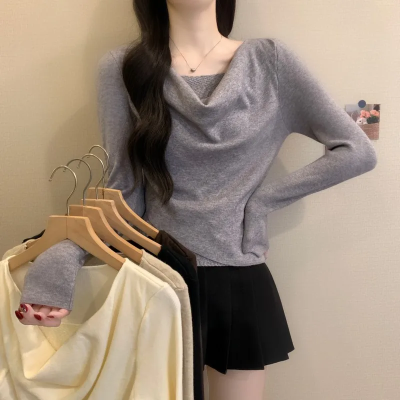 

Spring 2026 Slimming Soft Cozy Uneven One-oulder Women's Knitwear French Sle Regular Sve V-Ne Long Sve Wool Blend