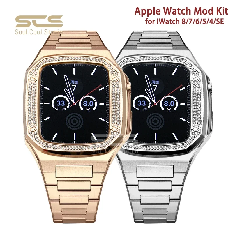 

For apple Watch Series 7/8 Accessories Stainless Steel Strip Strap 44MM 45MM IWatch 4/5/6/SE Case Business Affairs luxury case