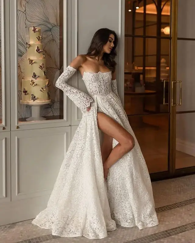 Sparkly Slit Wedding Dresses For Woman Bridal Beaded Square Collar A-LINE Appliques Vestidos De Novia Custom Made