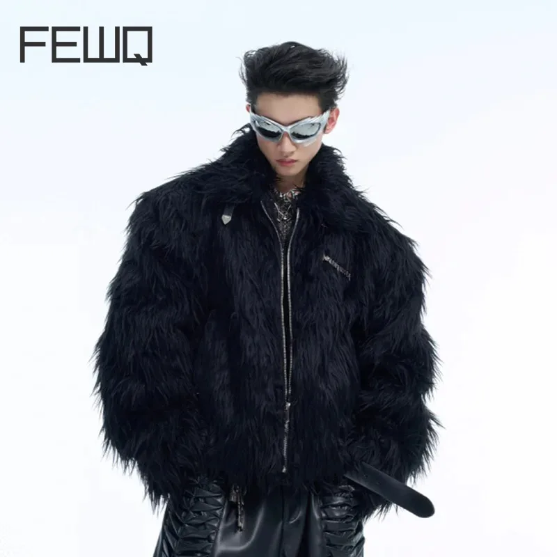 FEWQ Men's Short Jacket Niche Metal Leather Buckle Design Imitation Mink Fur Thick Plush Tops 2024 New Fashion Male Coat 24E5178