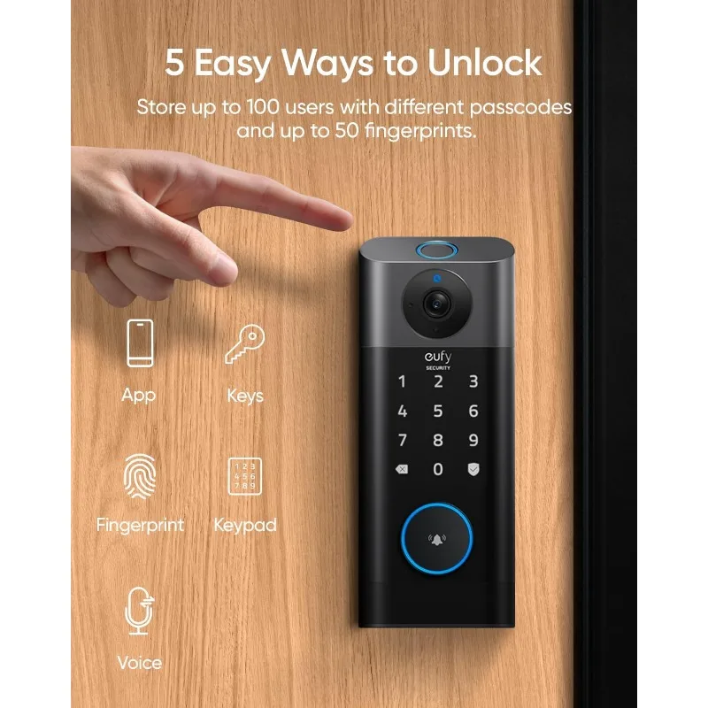 Eufy S330 kunci pintu Video cerdas, kamera 3 dalam 1 + bel pintu + kunci pintu tanpa kunci sidik jari, baut mati Wi-Fi pintar untuk pintu depan