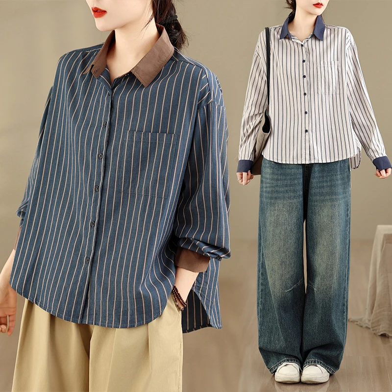 

High Quality Retro Striped Shirt Jacket Women's Color Block Collar Long Sleeve Button up Cardigan Loose Fit Breathable Cotton...