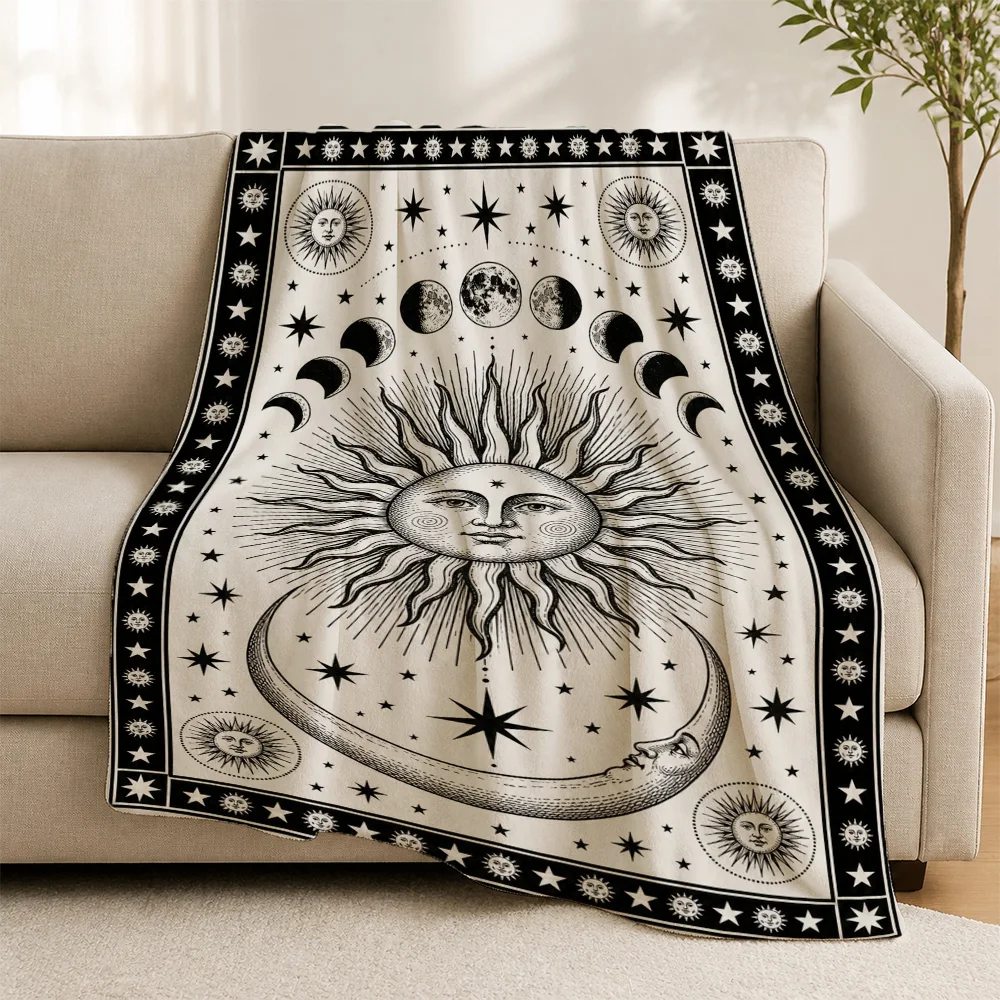 Boho Celestial Zodiac Throw Blanket Astrology Sun Moon Star Design Home Decor Witchy Gift Cozy Throw for Sofa Bed