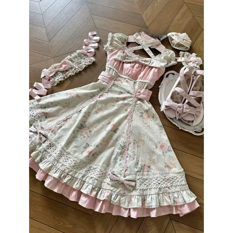 

Sweet Lolita High Waist Puff Sleeve Lace Dresses Women Bow Design Floral Print Dresses Elegant Casual Daily Party Date Outfit