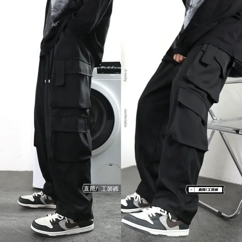 Hipster Men Black American Overalls High Street Boys Straight Leg Slacks Men Hipster Brand Wide Leg Casual Pants