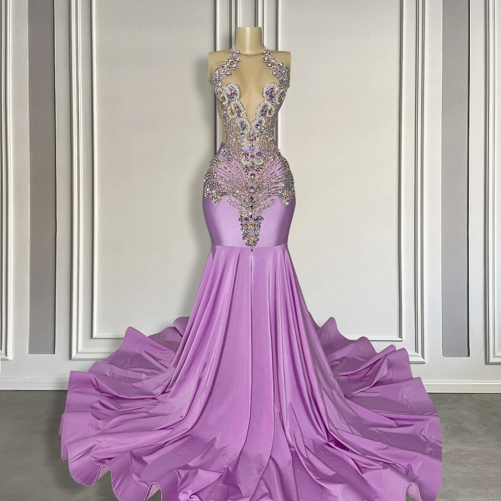 Vestido de baile longo com strass lilás roxo brilhante para garota negra, sexy estilo sereia, vestidos de festa formais, 2024 com trem