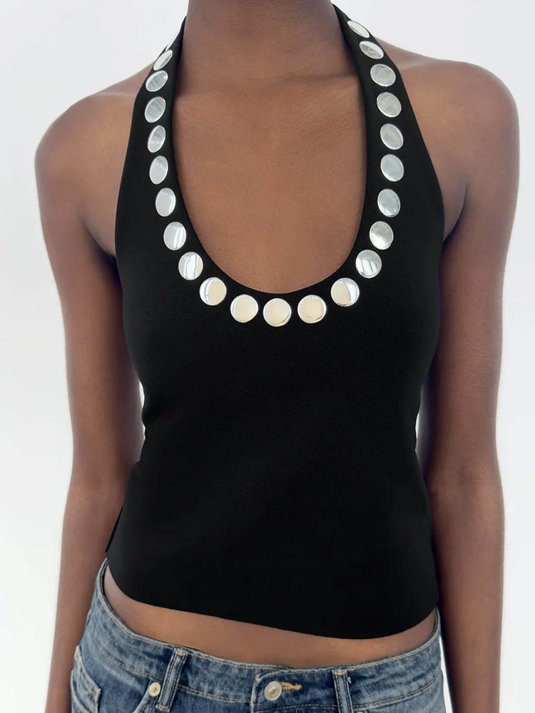 Fashionable Backless Collarless Women's Top with Rivet Decoration New Arrival Versatile Summer Style Short Sleeveless Design