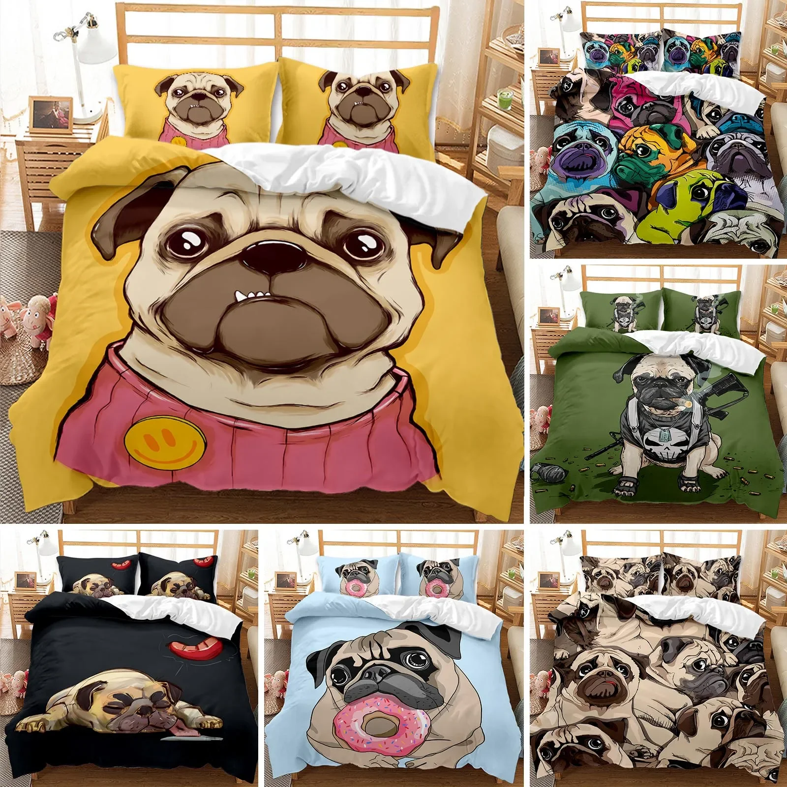 

Cartoon Pug Duvet Cover Set Queen/King Size Cute Puppy Theme Bedding Set Golden Retriever Husky Pet Soft Polyester Quilt Cover