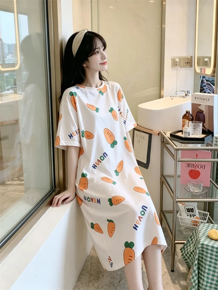 Women Sleeping Dress Korean Short Sleeve Nightgown Plus Size Ladies Sleepwear Lounge Cartoon Print Pajamas Cute night skirt