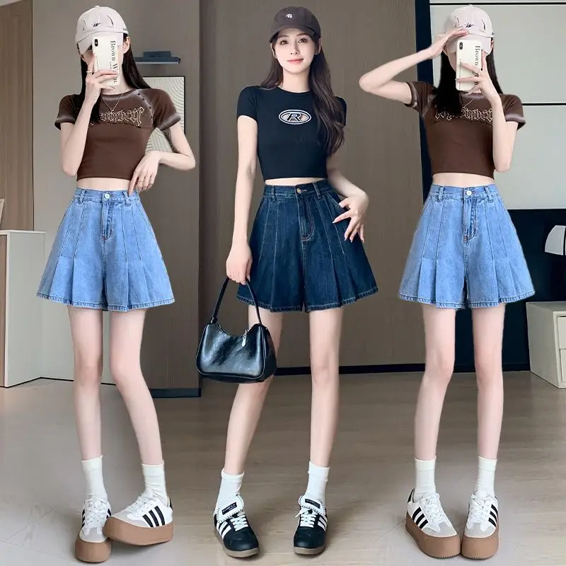 Oversized Jeans Female Korean Fashion Buttons Zipper High Waist Wide Leg Pants Summer All-match Pleated Shorts Women Clothing