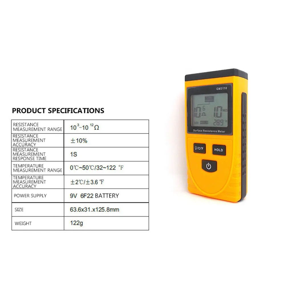 GM3110 Surface ResistanceTester Anti-static LCD Tester Digital Display Anti-static Resistance Meter Temperature Meter