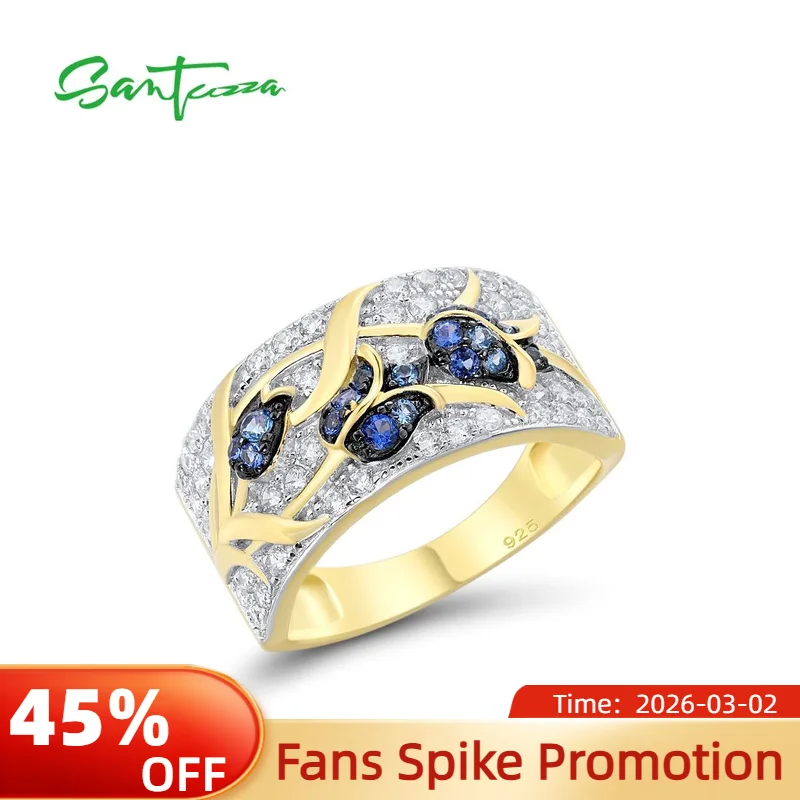 

SANTUZZA Genuine 925 Sterling Silver Rings For Women Sparkling Blue Spinels White CZ Tulip Flower Gold Color Ring Fine Jewelry