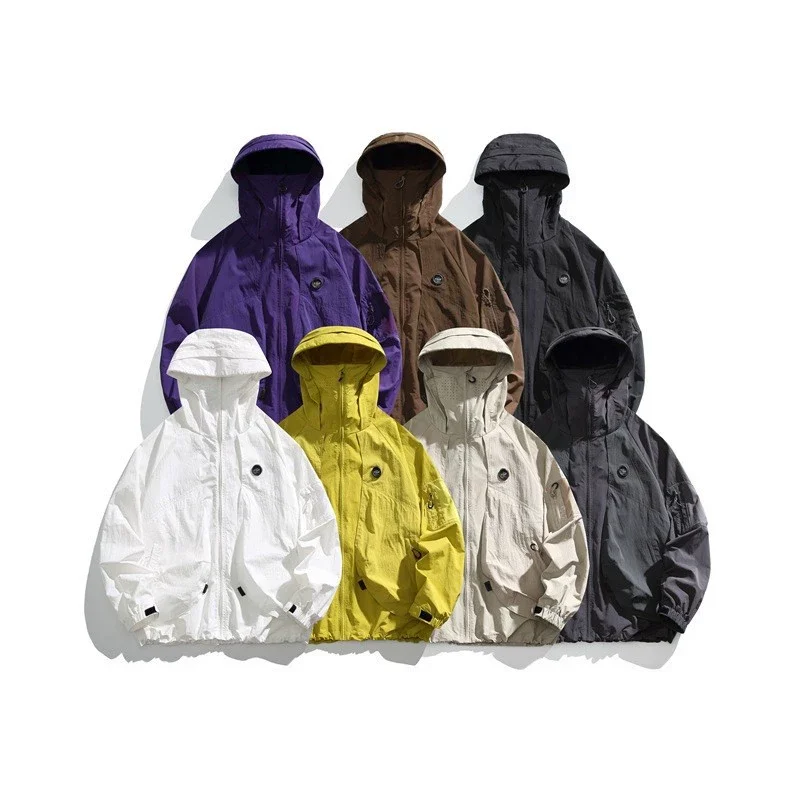 Women Outdoor Functional Sunscreen Sport Loose Casual Lightweight Breathable Quick Dry Techwear Hooded Cargo Jacket Men Coat