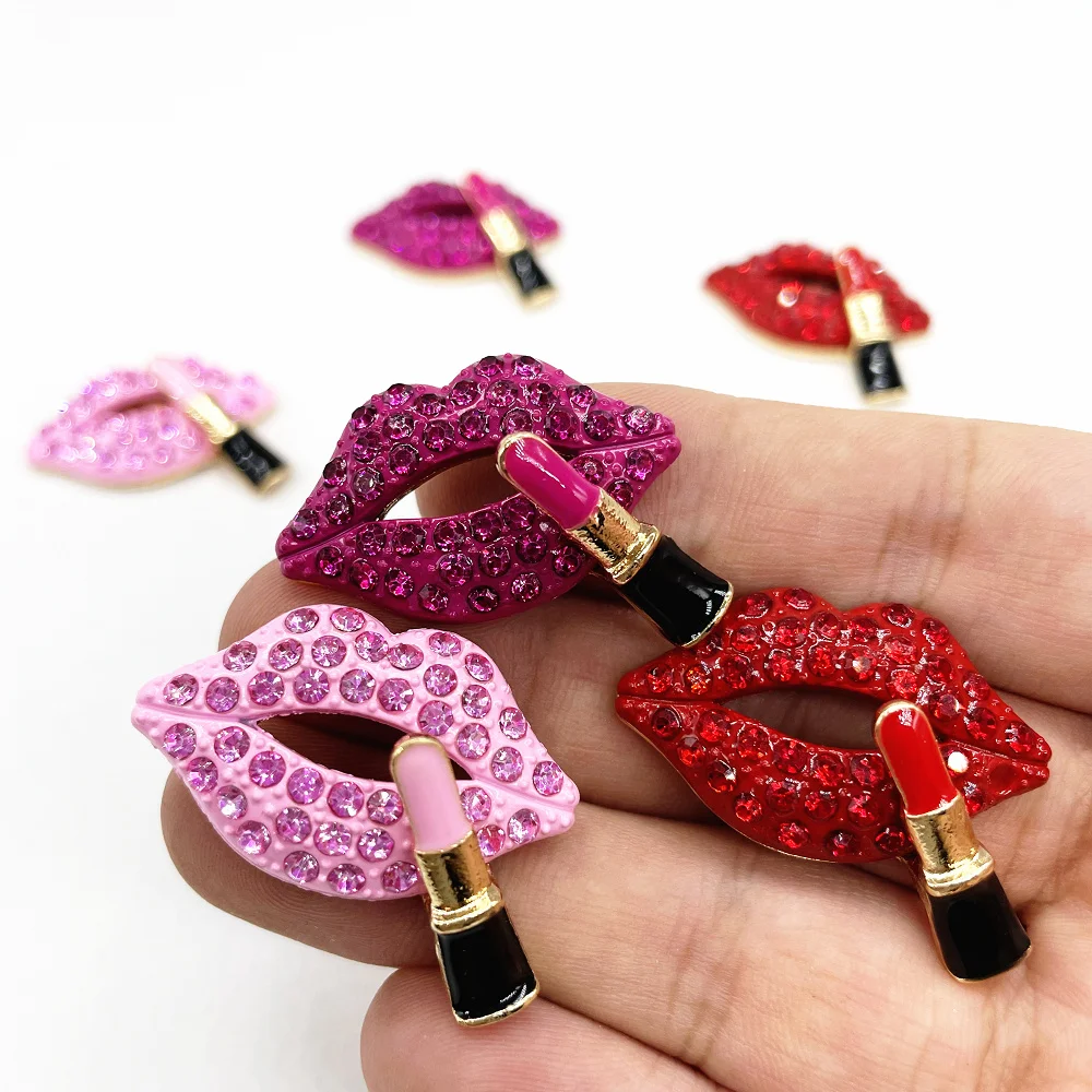 2Pcs Rhinestone Alloy Lipstick Button Red Pink Lips Accessories For DIY Crafts Headwear Brooch Pin Badge Bag Clothing Decoration