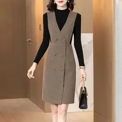 Woolen Vest Skirt Women's Mid to Long Style Winter New Style Temperament V-neck Shoulder Strap Dress Sleeveless Vest Skirt