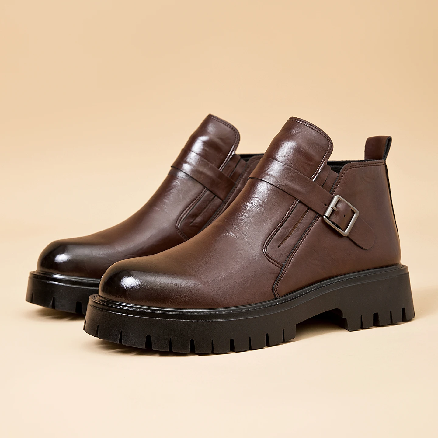 Men Buckle Strap Ankle Boots PU Leather 4cm Thick Platform Sole Height Increasing Boots Business Casual Chunky Sole Chelsea Boot